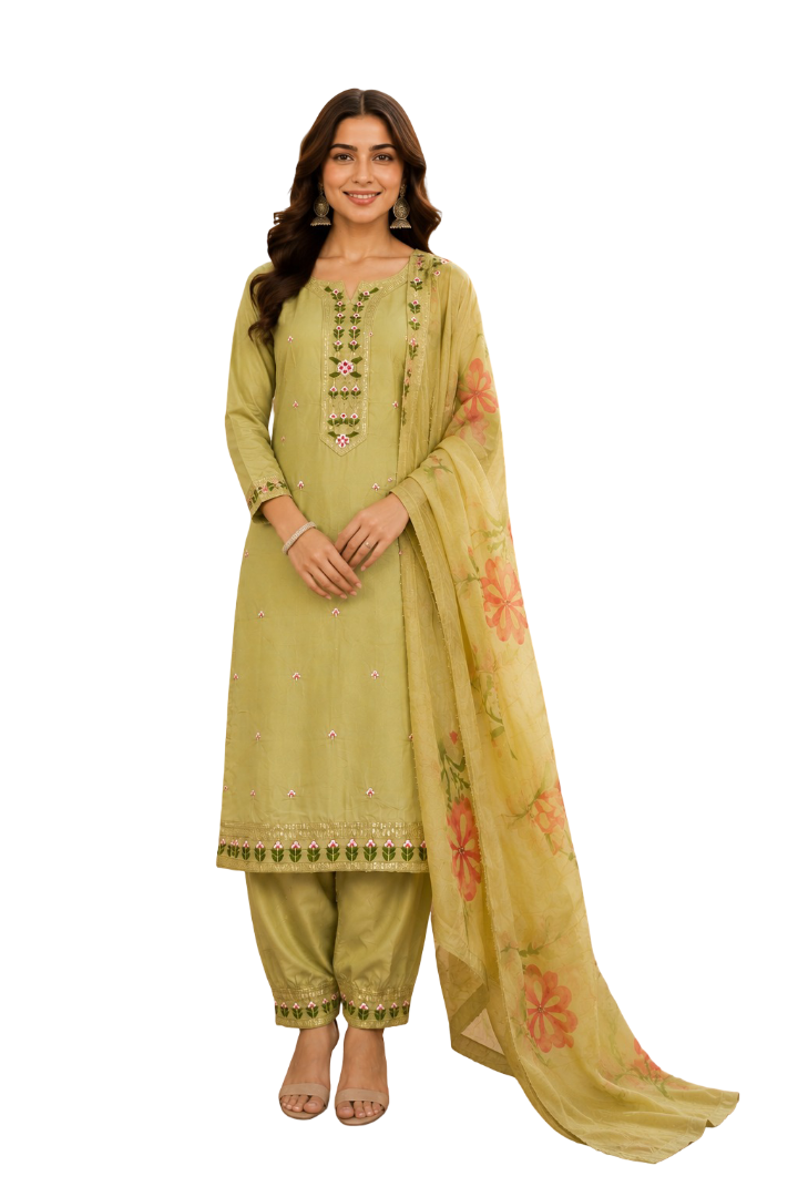 Womens Silk Readymade Suit Set with Embroidered Kurta